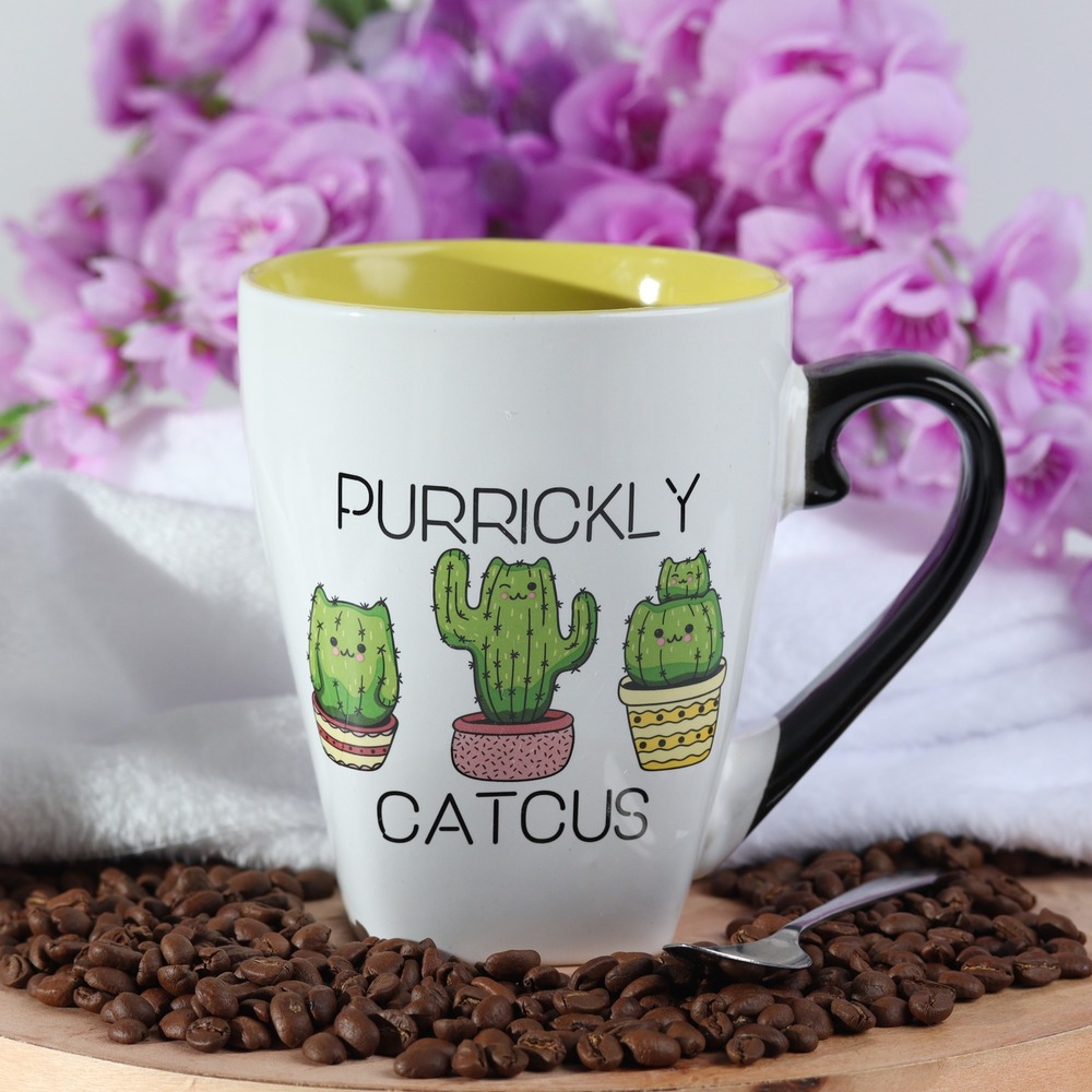 Purrickly Catcus Coffee Mug White Yellow Free Hugs Cat Cactus Ceramic Tea Cup